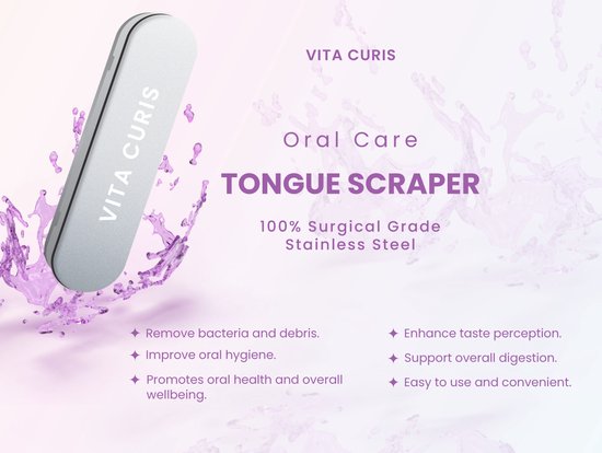 Vita Curis - Grattoir à langue professionnel - Soins bucco-dentaires - Acier chirurgical 100 % antibactérien - Nettoyeur de langue - Grattoir à langue