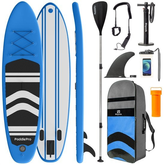 LifeGoods SUP Board - Planche à pagaie gonflable - Ensemble complet - Max. 135KG - 320x81cm - Bleu