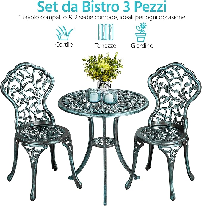 Ensemble de bistrot Yaheetech 3 pièces – Vert – Ensemble de jardin en métal comprenant 2 chaises et une table