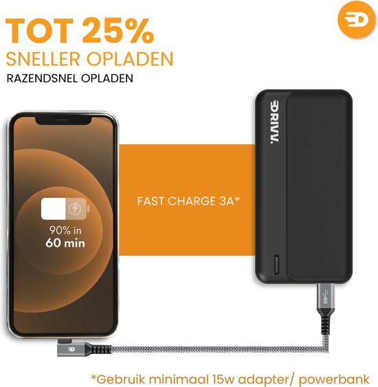 Drivv. Câble USB vers USB C - Angulaire - Modèle 2024 - Câble de données et de charge USB C - Charge rapide / Chargeur rapide - 1,5 mètre court - Convient à Samsung, iPhone 15 et plus - Gris