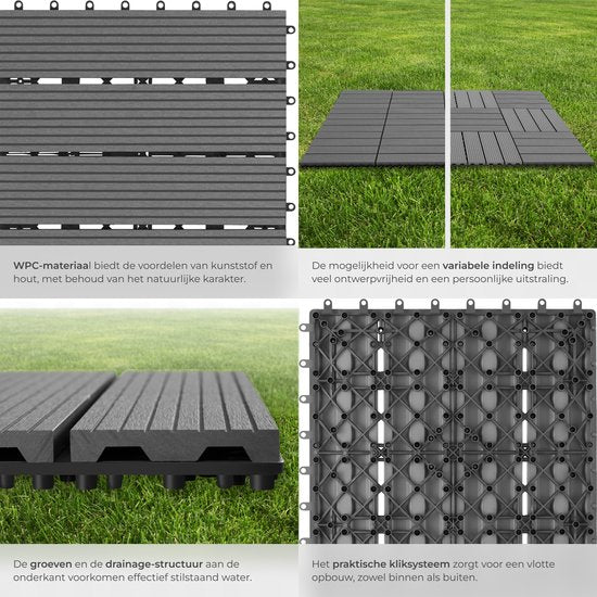 tectake® WPC wood tiles - Dalles aspect bois - Résistant aux intempéries - Sol extérieur - Dalles de sol - Sol de balcon - Dalles de terrasse avec système click - Drain - Lot de 22 - Gris