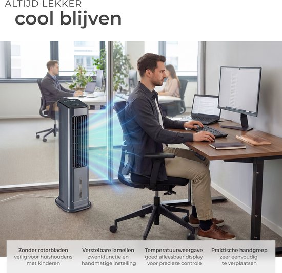 tectake® Refroidisseur d'air 4-en-1 Alaska - Réservoir d'eau de 5 L - 3 réglages - Refroidisseur d'air - Climatiseur avec fonction d'oscillation - Minuterie - Télécommande - Éléments de refroidissement - Humidificateur - Ventilateur - Purificateur d'air -