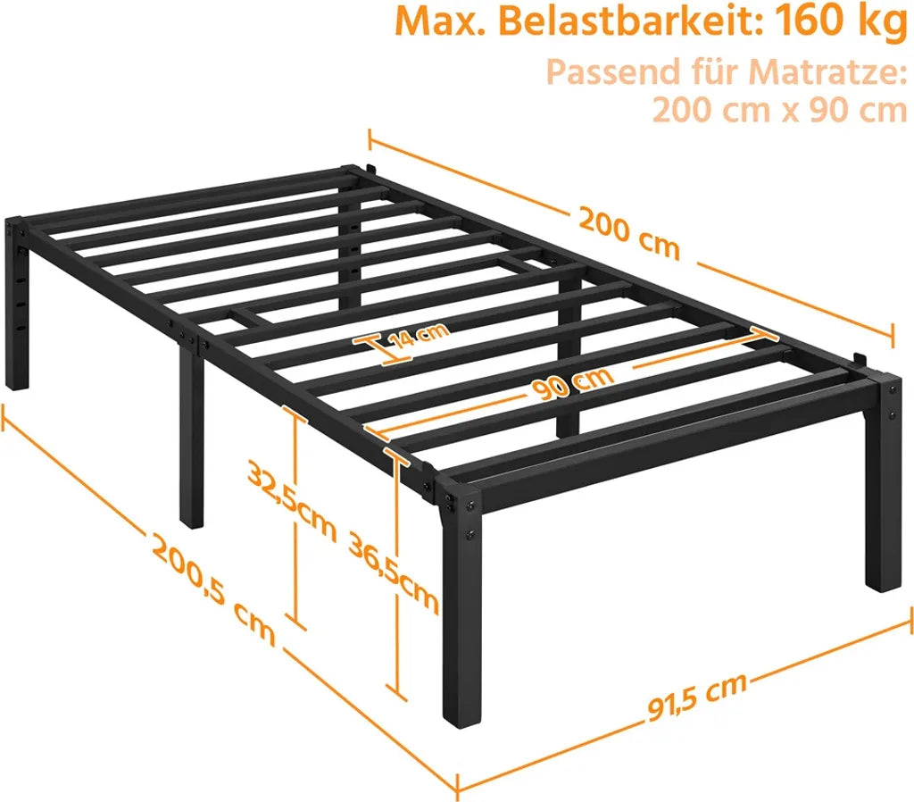 Yaheetech - Cadre de lit en métal 90 x 200 cm - Noir - Lit simple avec sommier à lattes et espace de rangement