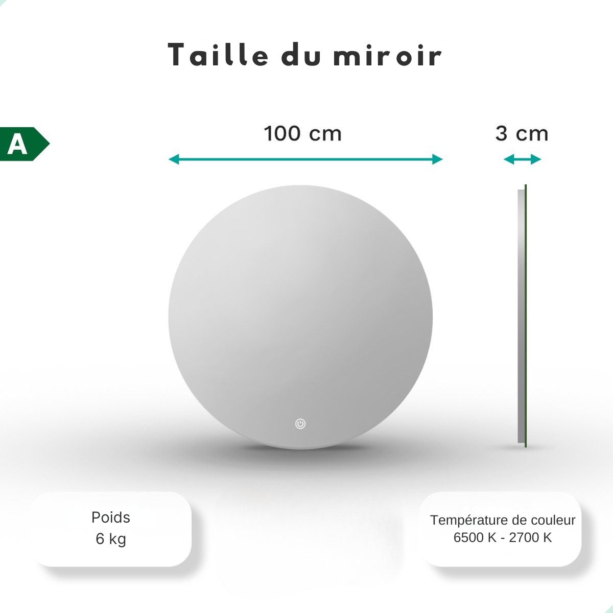 Miroir de salle de bain Mirlux - avec éclairage LED et chauffage - Miroir mural rond - Miroir de douche anti-condensation - 100CM