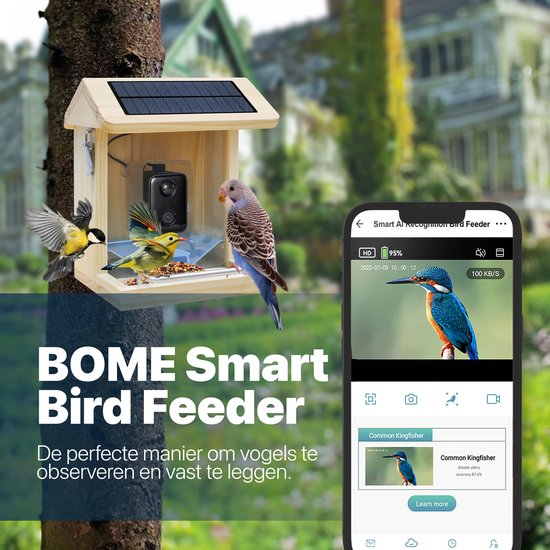 BOME - Mangeoire à oiseaux - Caméra et audio - Reconnaissance des oiseaux - Bois - Double panneau solaire - Suspension