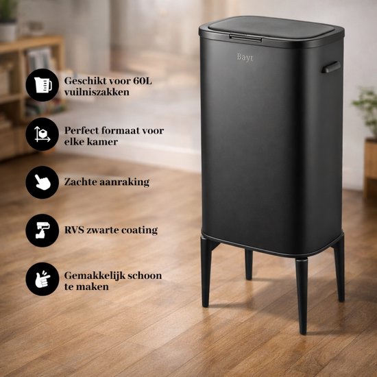 Bayt Poubelle sur pieds - Poubelle 60 litres - Poubelle - Corbeille - Acier inoxydable - Noir - 53L