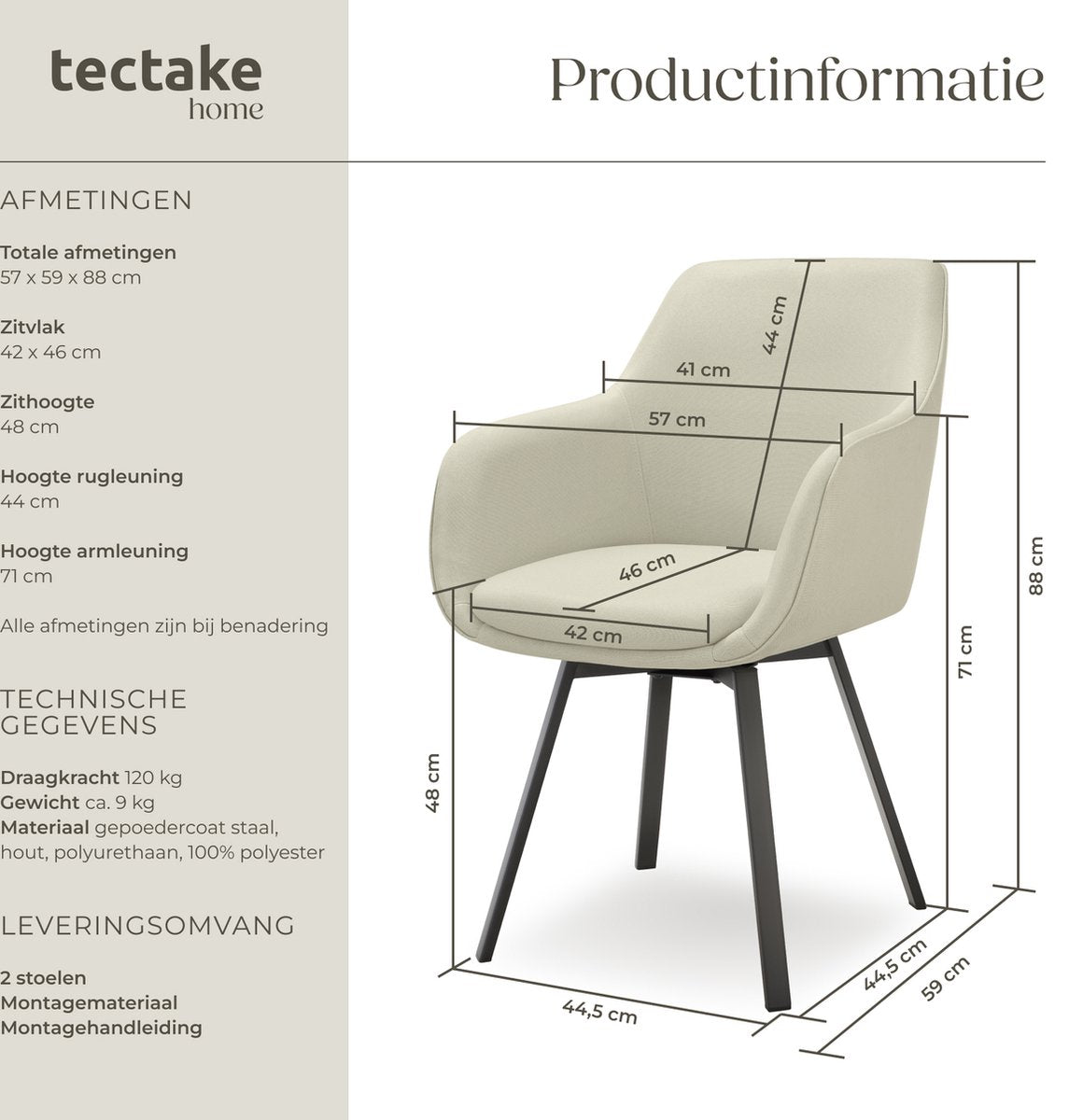tectake® Chaise de salle à manger pivotante Alicon 57x59x88 cm - Lot de 2 - Beige - Design élégant et confortable pour la salle à manger, le salon ou le bureau