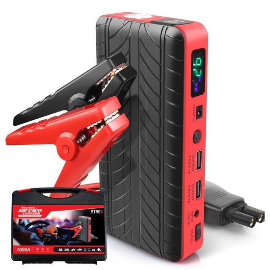 Démarreur de voiture - Strex - 12V J– 1000A / 18 000 mAh – avec powerbank, lampe de poche LED et lumière SOS d'urgence – Avec mallette de rangement