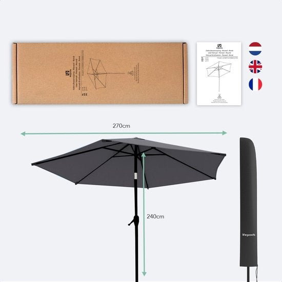 Parasol LifeGoods - Ø270 cm - 30° inclinable - imperméable - avec housse - Gris foncé