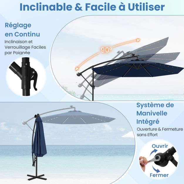 Ensemble de jardin 5 pièces avec parasol suspendu de 3 m et éclairage LED - Bleu/Gris