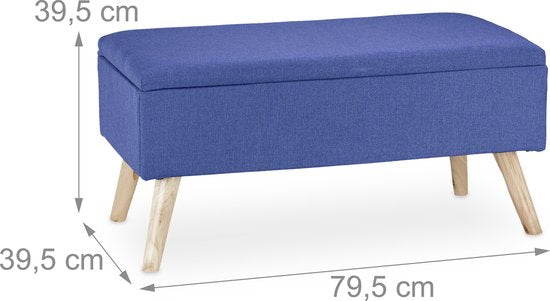 banc avec rangement - 39,5 x 79,5 x 39,5 cm - coussin - pieds en bois - banc d'entrée - bleu