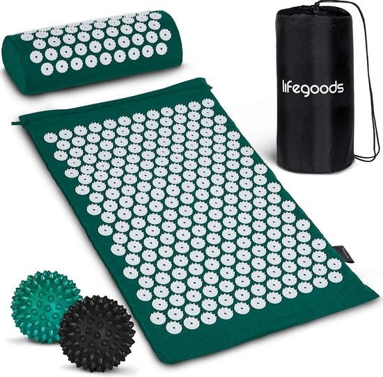 LifeGoods Tapis d'acupression avec coussin - Tapis Shakti - Tapis pour ongles avec 2 balles pour points de déclenchement - 66x40x2cm - Vert/Blanc