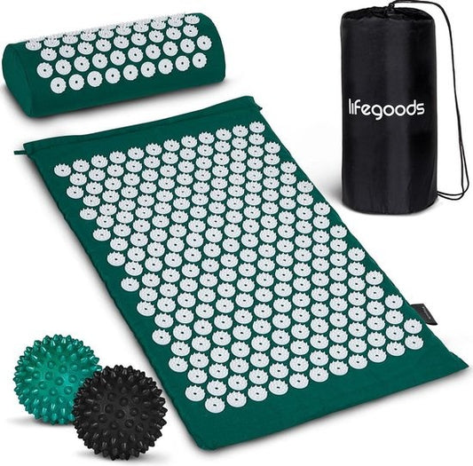 LifeGoods Tapis d'acupression avec coussin - Tapis Shakti - Tapis pour ongles avec 2 balles pour points de déclenchement - 66x40x2cm - Vert/Blanc