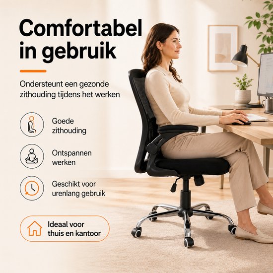 Chaise de bureau ergonomique Infinity Goods - Chaise de bureau - Soutien lombaire 4D et revêtement en maille - Accoudoirs rabattables - Jusqu'à 150 kg - NEN-EN1335 - Noir