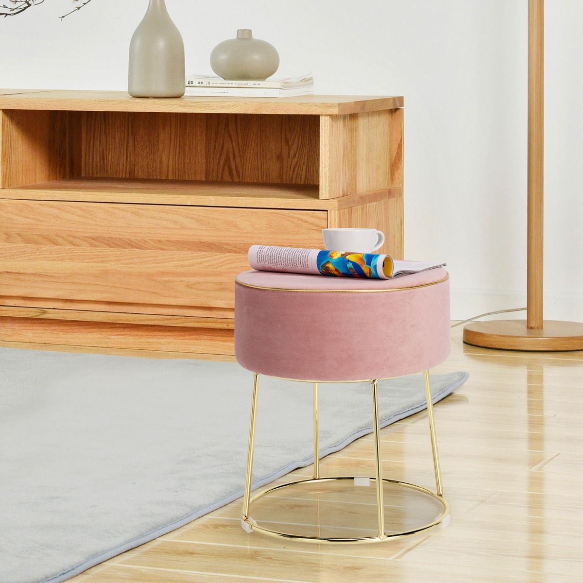 Pouf rond en velours Coast avec pieds métalliques - Tabouret rembourré pour maquillage - Capacité de charge : 150 kg - 34 x 34 x 41 cm - Rose