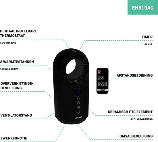 VONROC Radiateur électrique - radiateur soufflant - 1000W/1500W - sans pales - Céramique - 3 niveaux - Télécommande incluse - fonction swing - thermostat et minuterie - 15m2 - noir