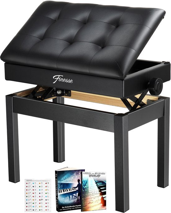 Finesse Premium Piano Bench - Hauteur réglable - avec rangement - Coussin souple - Tabouret de piano - Chaise de piano - Noir