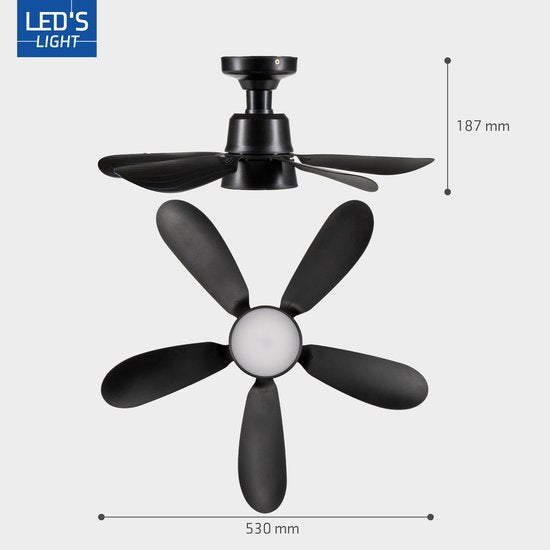 LED's Light - Ventilateur de plafond noir avec lampe - Ø 53 cm - Couleur de lumière réglable - 25 W, 1 100 lm, 3 000 K/6 500 K - Plafonnier avec ventilateur et lampe