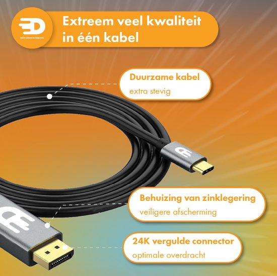 Câble USB C vers Displayport - 8K 60Hz 4K 120Hz - Thunderbolt 3 - Convient à Apple / iMac / Macbook (Pro) - 1,8 mètres