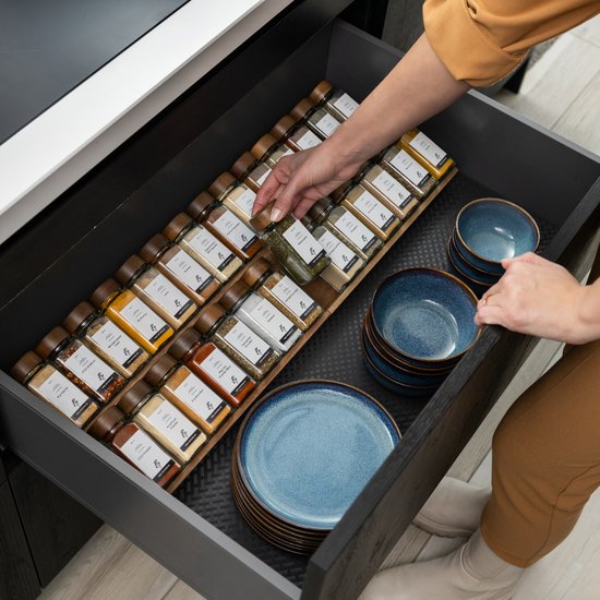Porte-épices Organess avec 28 pots à épices - Tiroir à épices - Organisateur d'épices - Organisateur de tiroirs de cuisine - Ensemble complet - 4 pièces - Acacia