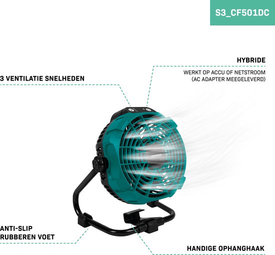 Ventilateur VONROC 20V - pour utilisation avec ou sans fil - Adaptateur secteur inclus - Batterie 20V - 4.0Ah et chargeur rapide inclus