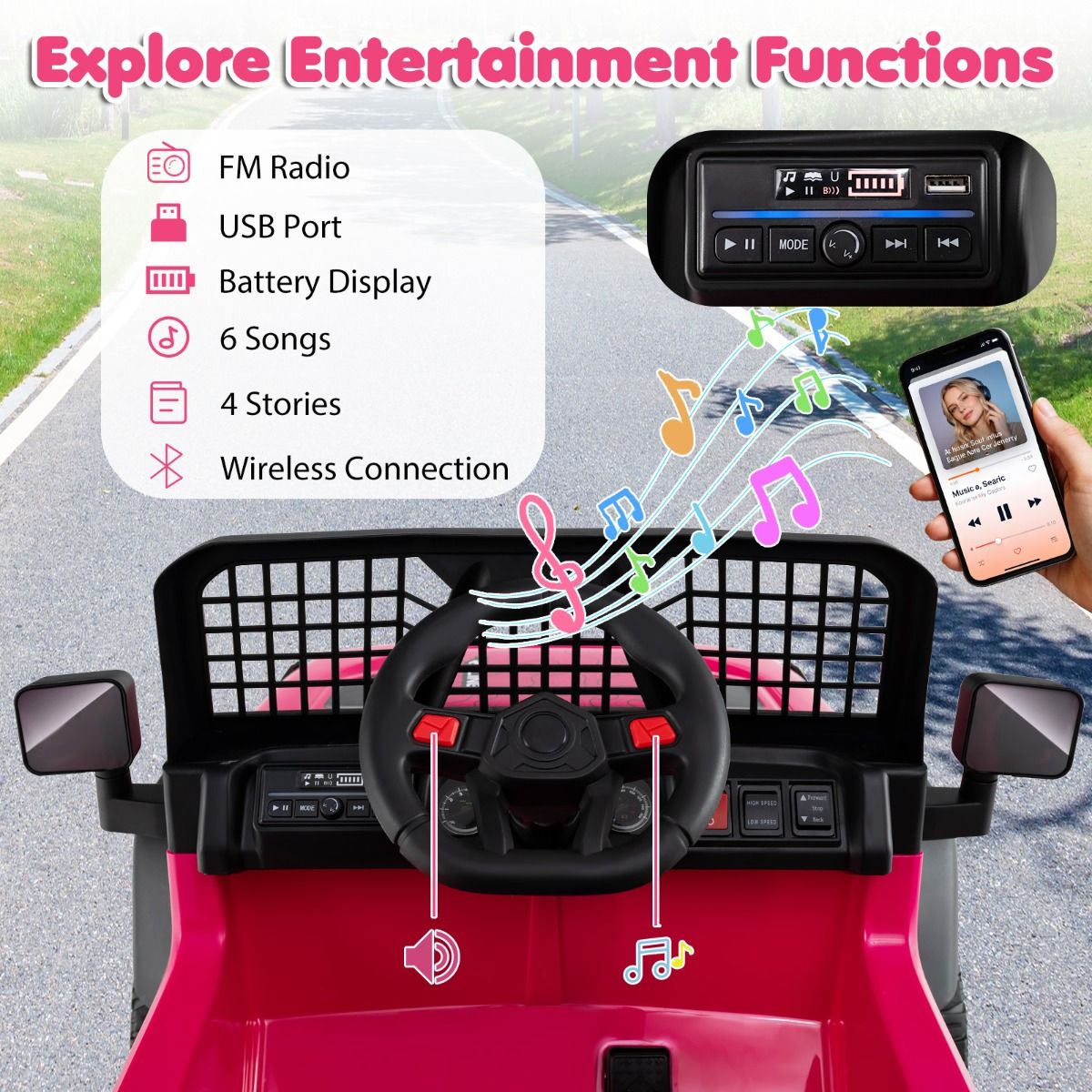 Poussette électrique pour enfants Coast - télécommande et pilotage automatique - capacité de charge de 30 kg - rose