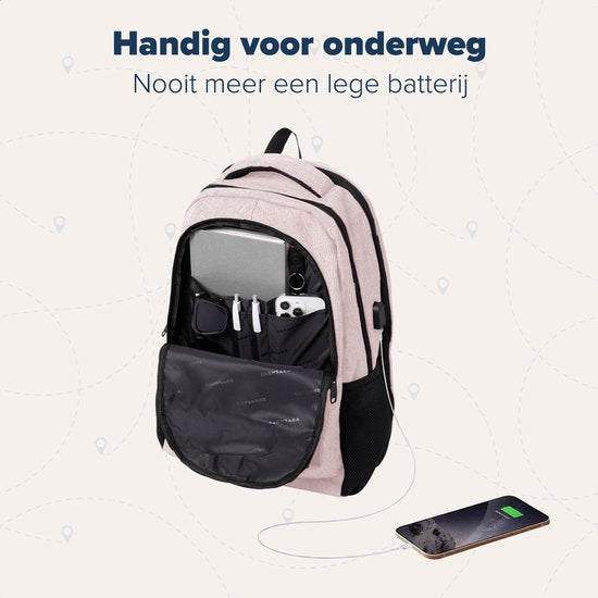 TRVLMORE Sac à dos - 36L - 17 Inch - Sac à dos pour ordinateur portable avec USB - Cartable - Homme et Femme - Sac Rose