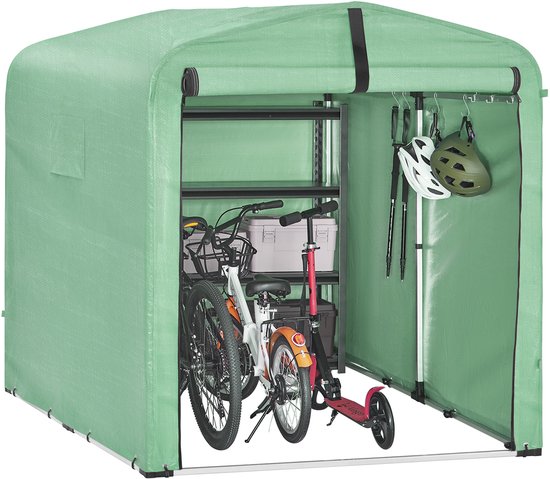 SoBuy KLS11-L-GR Garden House, armoire étanche pour l'extérieur, rangement pour motos avec crochets, garage pour vélos et rangement pour outils, rangement pour vélos, espace de stockage, vert, 159x219x165 cm