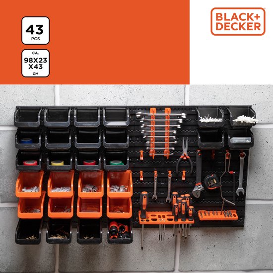 BLACK+DECKER Panneau à outils avec bacs de rangement et crochets - 98 x 23 x 43 cm - 43 pièces - Panneau mural à outils