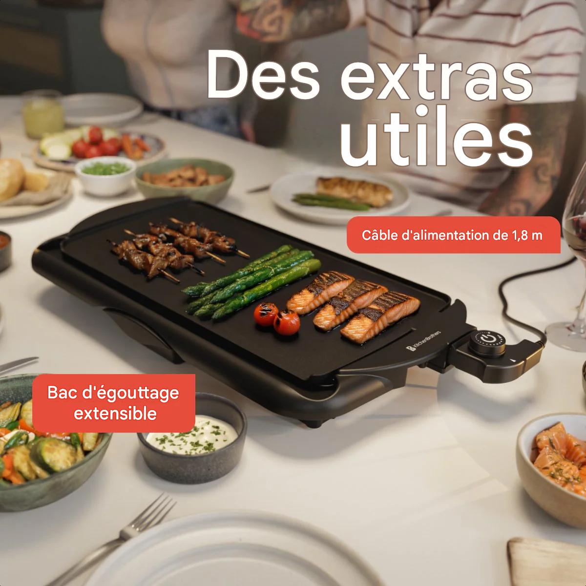 KitchenBrothers Plaque de gril électrique XL - 2000W - Gril Teppanyaki - Grillades en toute sécurité - Noir