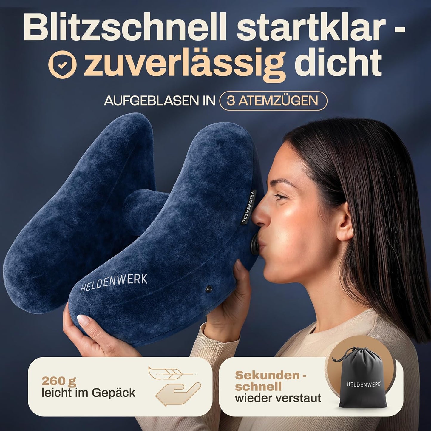 Oreiller gonflable pour la nuque Heldenwerk Premium Air - Bleu foncé - Avec capuche et bouchons d'oreille