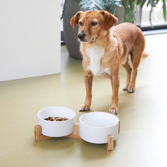 Gamelle chien - abreuvoir - avec support en bambou - 2x 800 ml - taille M - blanc mat