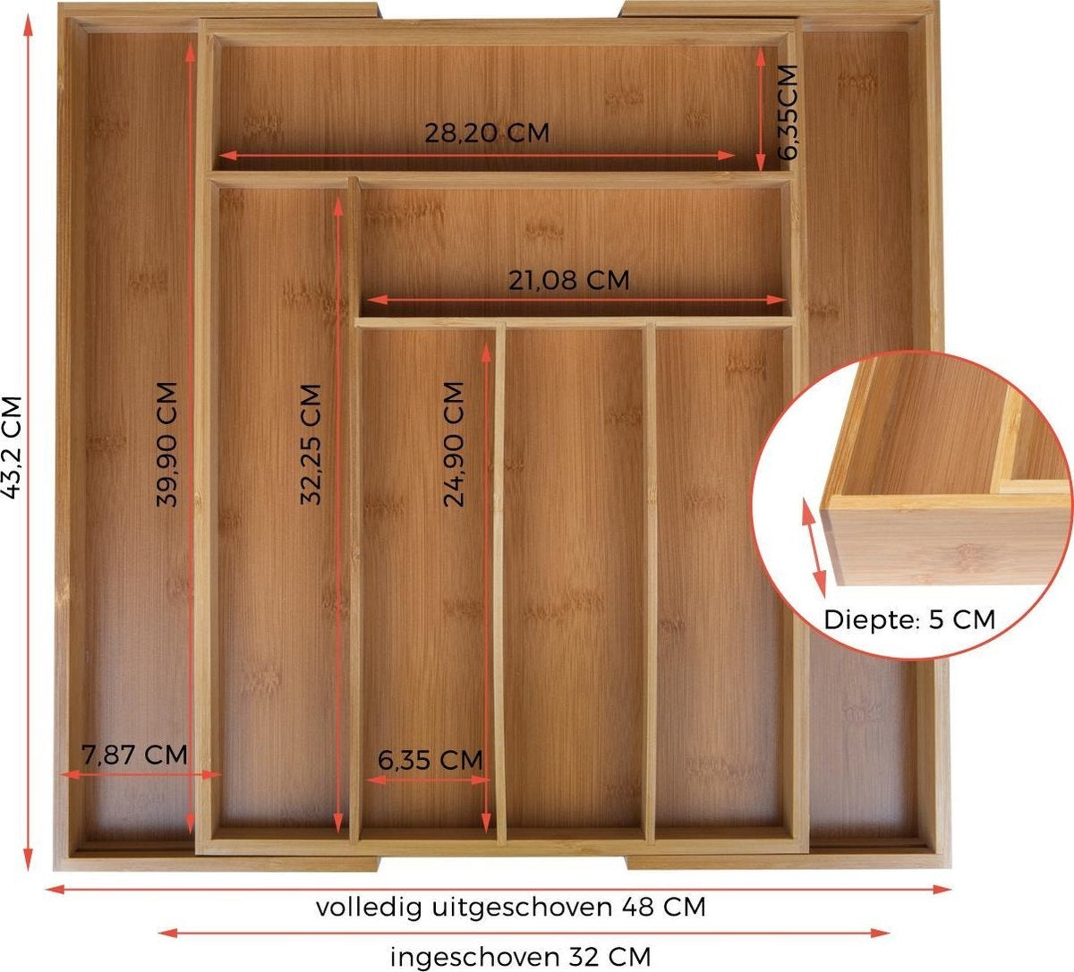 KitchenBrothers Range-couverts - Tiroir à couverts réglable - 30 à 44.5cm - Bois de bambou