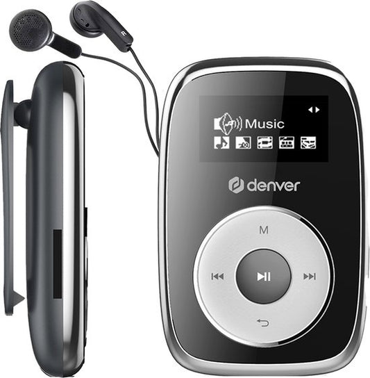 Lecteur MP3 Denver avec écouteurs - 32 Go - mode aléatoire - enfants et adultes - clip de fixation - AUX - MicroSD - MPS316 - noir