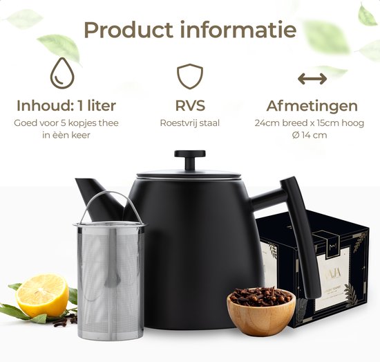 Vaja® Juliette Théière avec filtre - Théière - Double paroi - 1 litre - acier inoxydable Noir