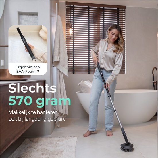 CLEANLY Kit 3 en 1 avec balai à franges sur manche - Brosse de nettoyage - Brosse à récurer - Balai à franges sur manche - Brosse à récurer - Chariot de nettoyage - Réglable de 118 à 150 cm - Noir, Gris