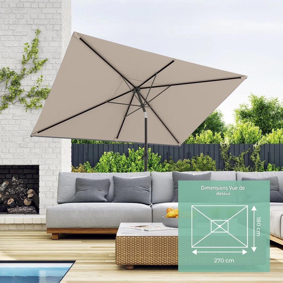 Parasol Lifegoods - 270x180cm - terasse et jardin -30° inclinable - imperméable - avec housse - Taupe