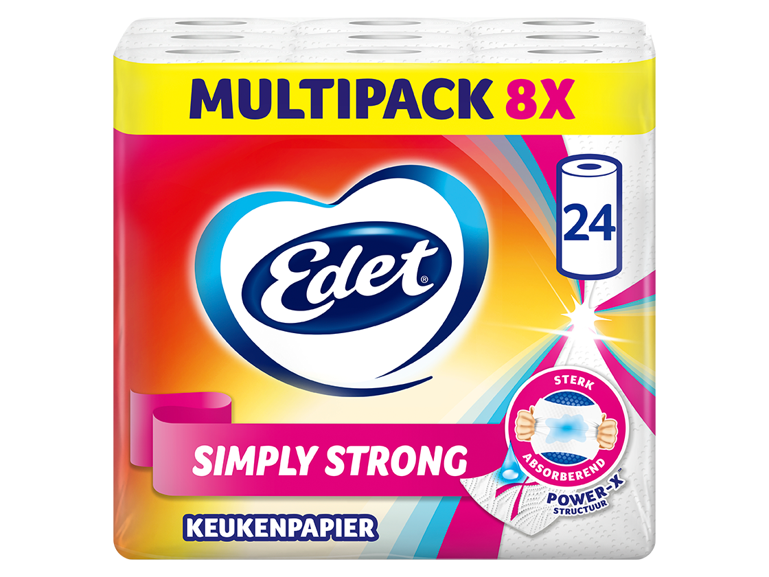 Edet 24x Papier essuie-tout Simply Strong – Extra-résistant et ultra-absorbant – 8 paquets de 3 rouleaux