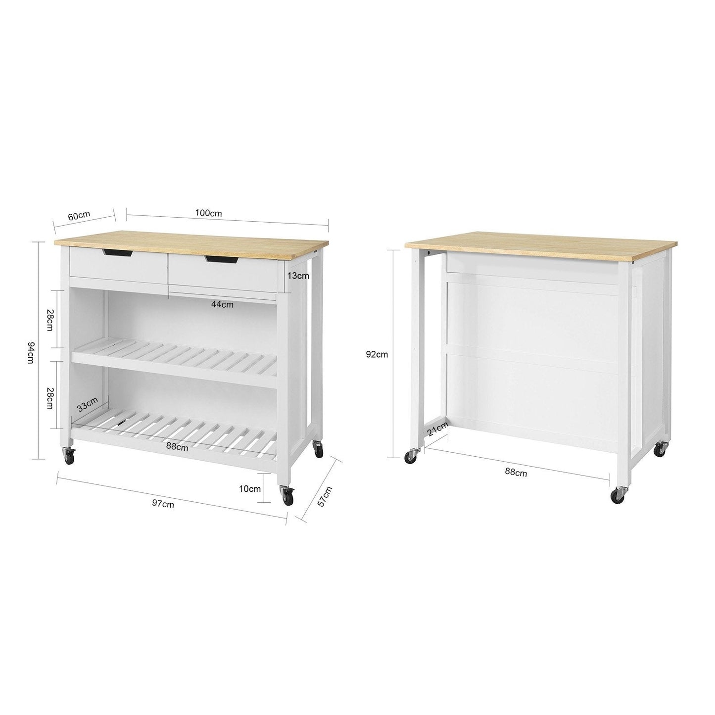 SoBuy - Ilot de cuisine sur roulettes - 100 x 60 x 94 cm - Blanc et bois composite - Chariot de cuisine mobile avec meuble de rangement - Pour cuisine et réserve