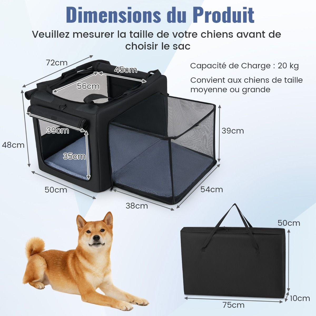 coast Sac de transport pliable pour chien - 90 x 72 x 48 cm - Noir/Gris - 2 ouvertures avec fenêtre en filet