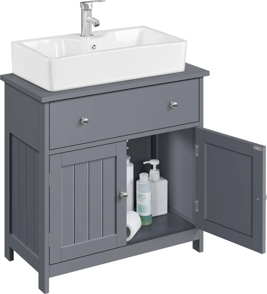 Yaheetech Meuble bas avec tiroir et deux compartiments - équipé d'une découpe pour siphon, d'un revêtement hydrofuge et de ferrures - pour salle de bains de style rustique - Mdf gris foncé et métal - 60 x 30 x 60 cm