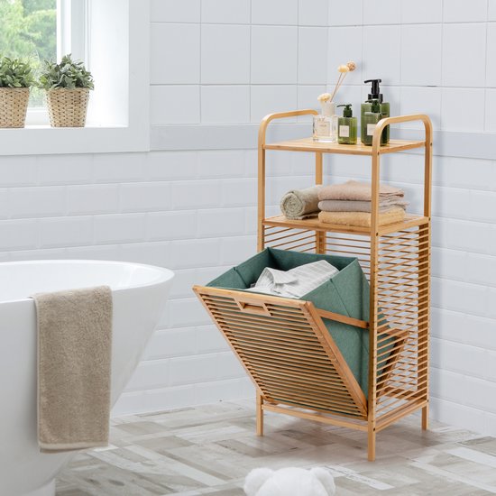 Meuble de salle de bains Coast 40,5 x 33 x 95,5 cm - Panier à linge à bascule - 2 étagères de rangement - Bambou/Toile