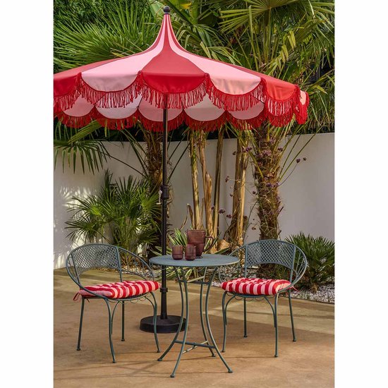 Mica Decorations Kim : parasol rayé avec sac de transport - Parasol à mât 238 x Ø235 cm - Parasol de jardin ou de balcon - Polyester, acier - Rouge