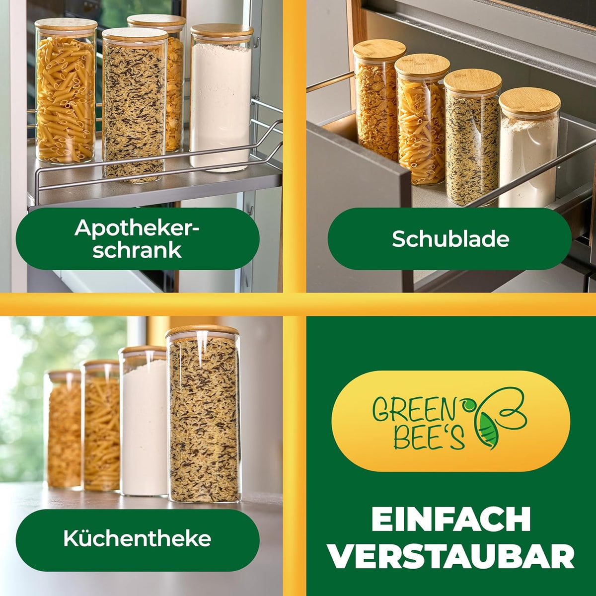 GREEN BEE`S Bocal à provisions grand - 2x1500ml Nouveau modèle - Convient parfaitement pour le tiroir et l'armoire à pharmacie - Bocaux à provisions durables avec couvercle hermétique - Pour la farine, le sucre, les pâtes, le café et les flocons d'avoine