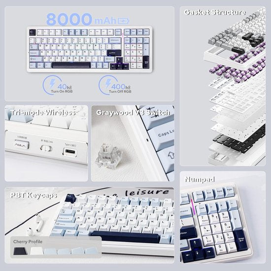 EPOMAKER x AULA F99 - Blanc/Bleu - Clavier mécanique sans fil - RGB - 100 % - QWERTY - Clavier gaming - Commutateurs Leobog Reaper