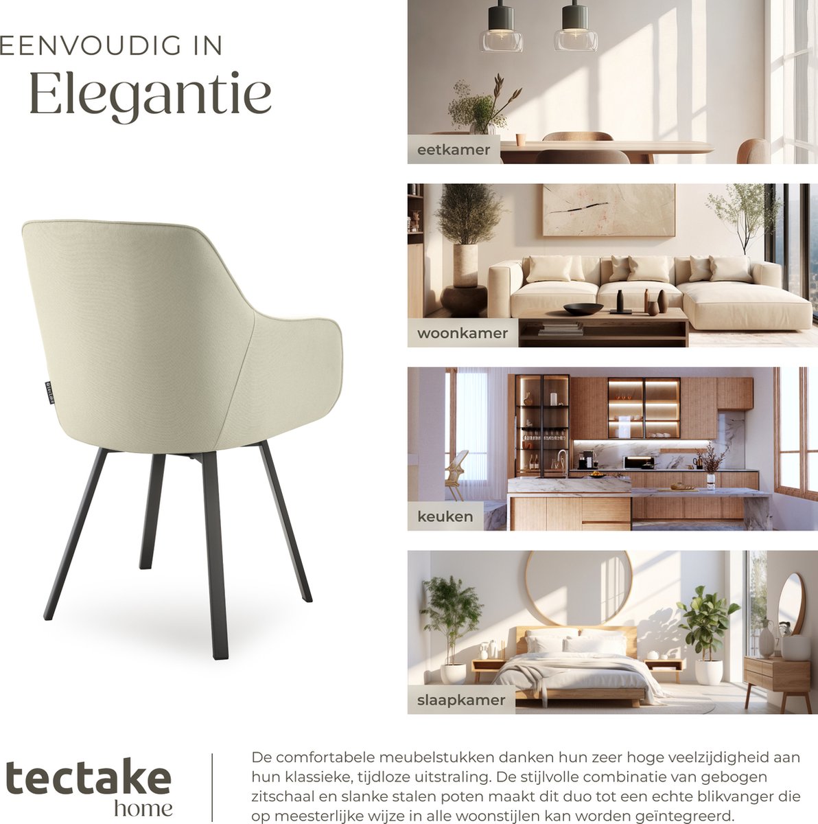 tectake® Chaise de salle à manger pivotante Alicon 57x59x88 cm - Lot de 2 - Beige - Design élégant et confortable pour la salle à manger, le salon ou le bureau