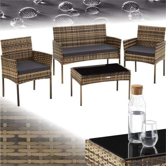 tectake® - Ensemble de jardin en osier Palese - Groupe de sièges pour 4 personnes - Ensemble de meubles de jardin avec banc de salon, table de jardin et 2 chaises de jardin, y compris les coussins d'assise - Meubles de jardin - Résistant à l'eau - Gris