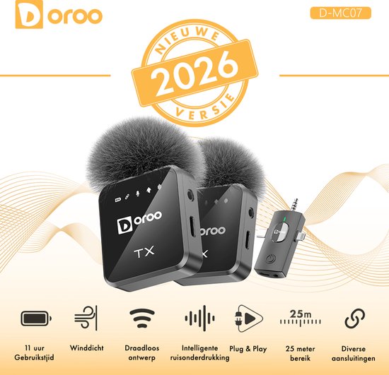 Microphone sans fil professionnel Doroo® - Lot de 2 - Micro-cravate - Bonnettes anti-vent - Batterie longue durée - Épingle de cravate - Son de qualité professionnelle - Micro sans fil USB-C/Lightning/AUX pour iPhone et Android - Plug & Play - Garantie de