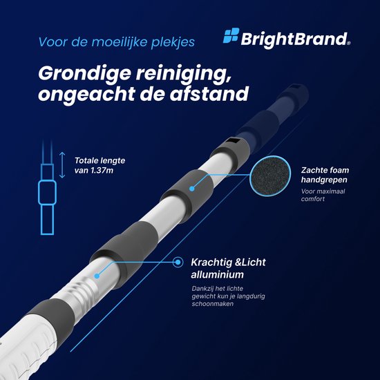 Brightbrand PowerScrub Pro - Brosse de nettoyage électrique - Brosse à récurer - Pour la salle de bain et la cuisine - Nettoyeur - Brosse à récurer avec manche - Raclette - Polisseuse - Polisseuse avec 10 accessoires