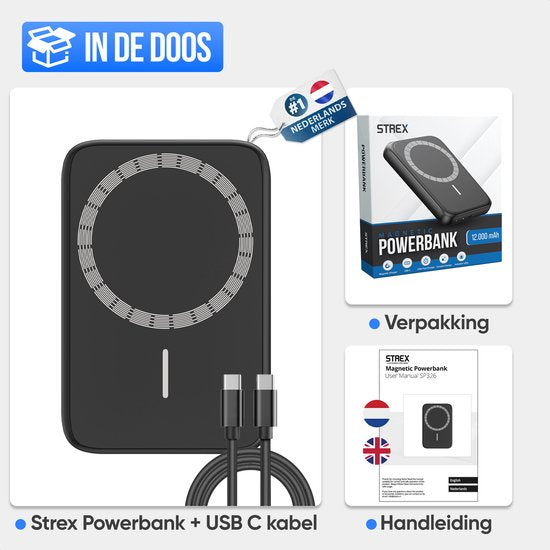 Strex Magsafe Powerbank - 12 000 mAh - Magnétique - Chargeur rapide Qi sans fil - Chargeur rapide 20W - USB-C - Indication LED - Powerbank universel adapté à iOS/Android entre autres.